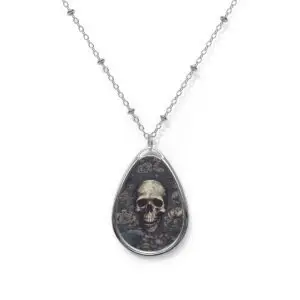 Memento Mori Blue Skull and Raven Oval Necklace
