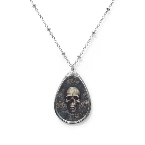 Memento Mori Blue Skull and Raven Oval Necklace
