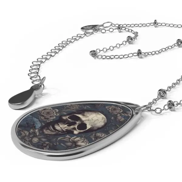 Memento Mori Blue Skull and Raven Oval Necklace - Image 3