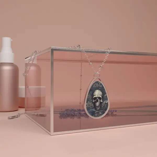 Memento Mori Blue Skull and Raven Oval Necklace - Image 4