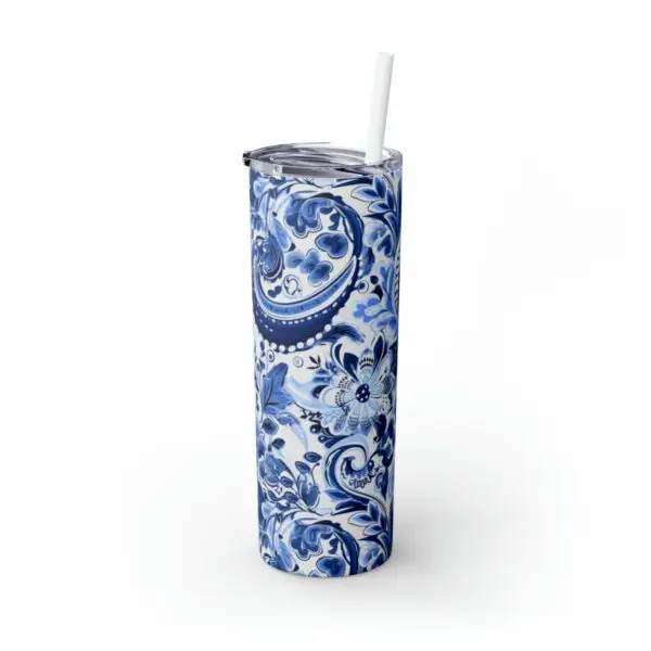 Blue & White Paisley Skinny Tumbler with Straw, 20oz - Image 2