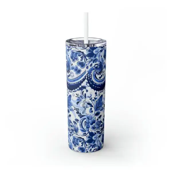 Blue & White Paisley Skinny Tumbler with Straw, 20oz - Image 3