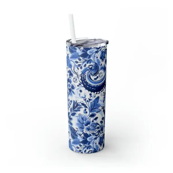 Blue & White Paisley Skinny Tumbler with Straw, 20oz - Image 4