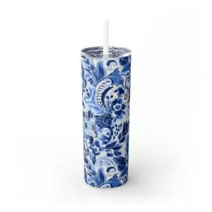 Blue & White Paisley Skinny Tumbler with Straw, 20oz