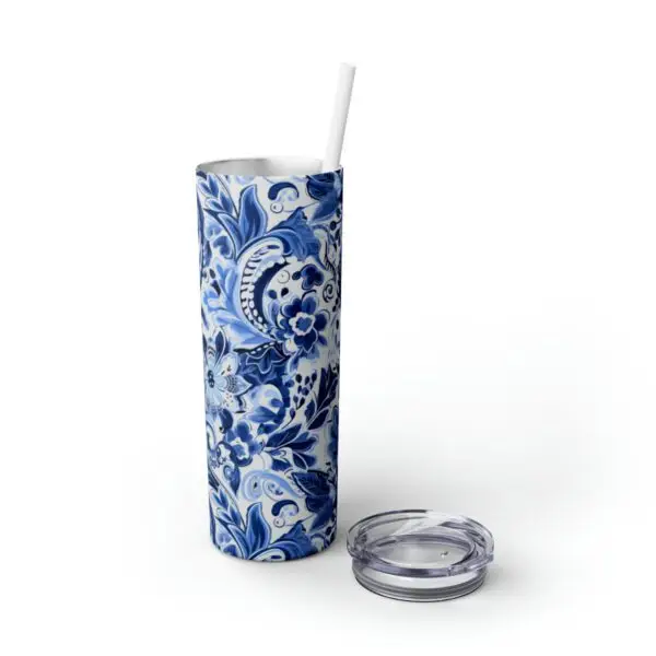 Blue & White Paisley Skinny Tumbler with Straw, 20oz - Image 6