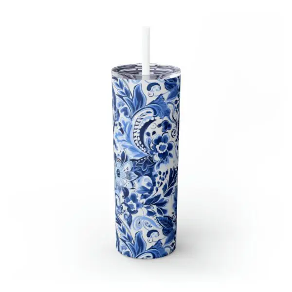 Blue & White Paisley Skinny Tumbler with Straw, 20oz
