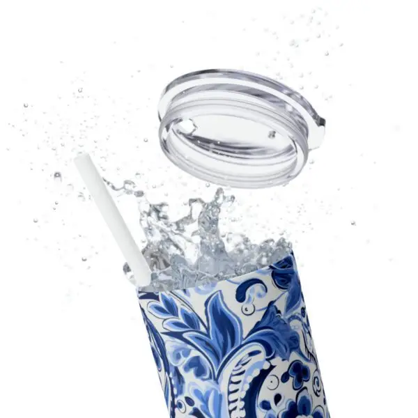 Blue & White Paisley Skinny Tumbler with Straw, 20oz - Image 8
