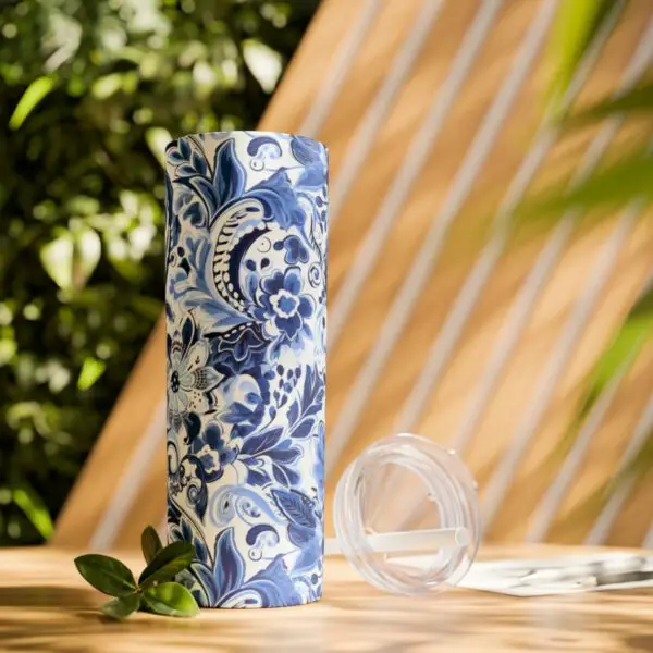 Blue & White Paisley Skinny Tumbler with Straw, 20oz - Image 9