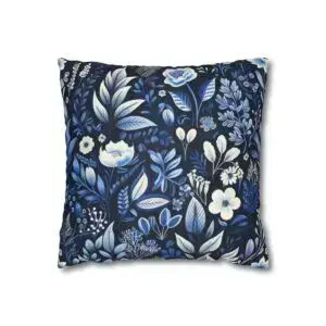 Deep Blue Botanical Faux Suede Square Pillow Case