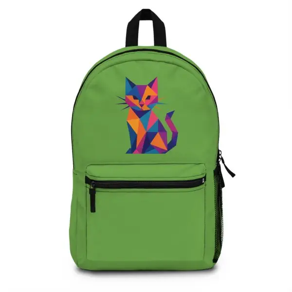 Green Fractal Feline Backpack – Whimsy Meets Function, Trendy School Bag, Cat Lover Gift, Unique Travel Pack, Kids' Backpack with Art Design